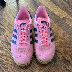 Adidas Gazelle Pink Suede Sneakers with Blue Stripes